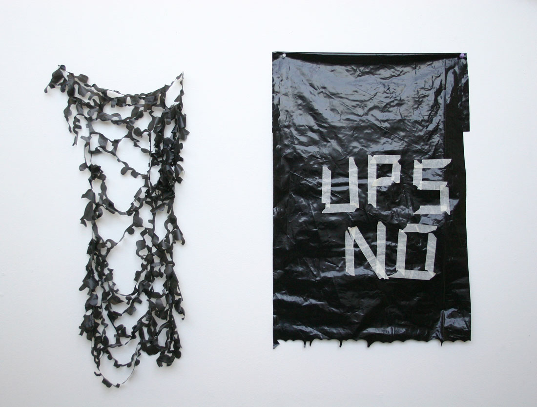 Plastic Cut #1 (hypocritical) and UPS NO, 2006, plastic,
	    pins, masking tape, 40 x 30 x 1 inches / 1 m x 76 cm x 2.5 cm