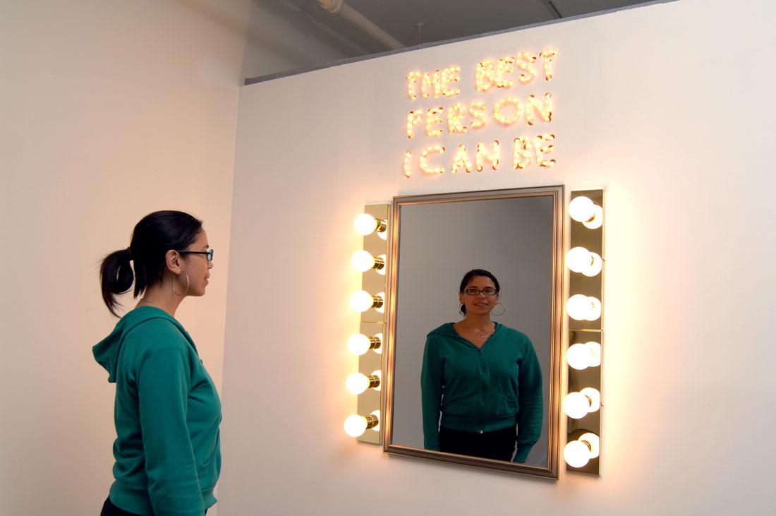 The Best Person I Can Be (exterior view), 2008, 
	    installation: security mirrors, frame, lights, fixtures, wall, 8 x 8
		  x 8 feet / 2.4 x 2.4 x 2.4 m. photo: Bob Hsiang