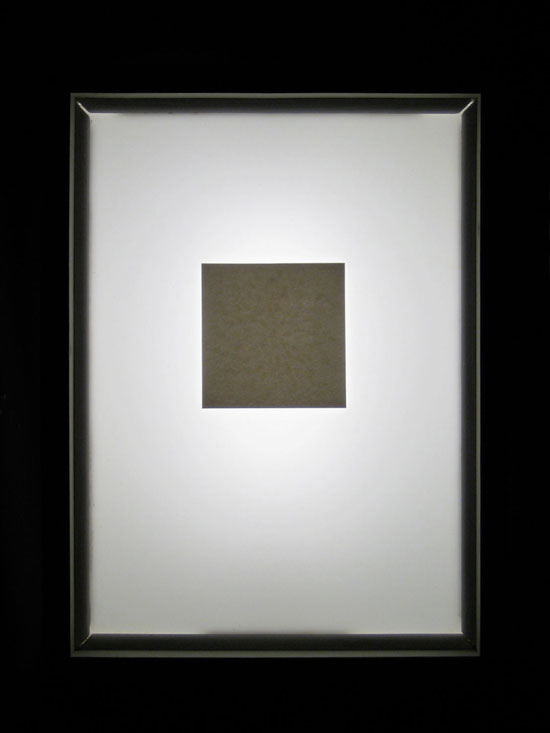 Dark into Light</em> (lightbox; documentation of on phase),
          2008, light box with phosphorescent screen print, 12.5 x 16.5 x 6 inches
          / 32 x 42 x 15 cm