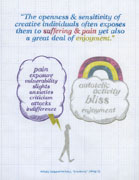 The openness and sensitivity of creative individuals often exposes them to suffering and pain yet also a great deal of enjoyment. Pain, exposure, vulnerability, slights, anxieties, criticism, attacks, indifference. Autotelic activity, bliss, enjoyment. Mihaly Csikszentmihalyi, Creativity, 1966, 73