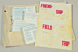 Elizabeth Travelslight and Christine Wong Yap, Friendship Field Trip, three-color letterpress print in four parts on takeaway pads in printed canvas pouch.