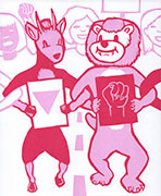 a print in pink and red of a gazelle and a lion marching with linked arms. the lion holds a sign with a raised fist/paw, the gazelle holds a sign with an pink upside down triangle. behind them are women shouting and holding protest signs.