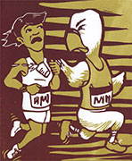 a print in ochre and red-brown of a girl running while a fellow runner/bald eagle knocks the cup from her hand.