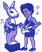 a print in lavendar and blue of a rabbit playing guitar with an African American woman playing bass.