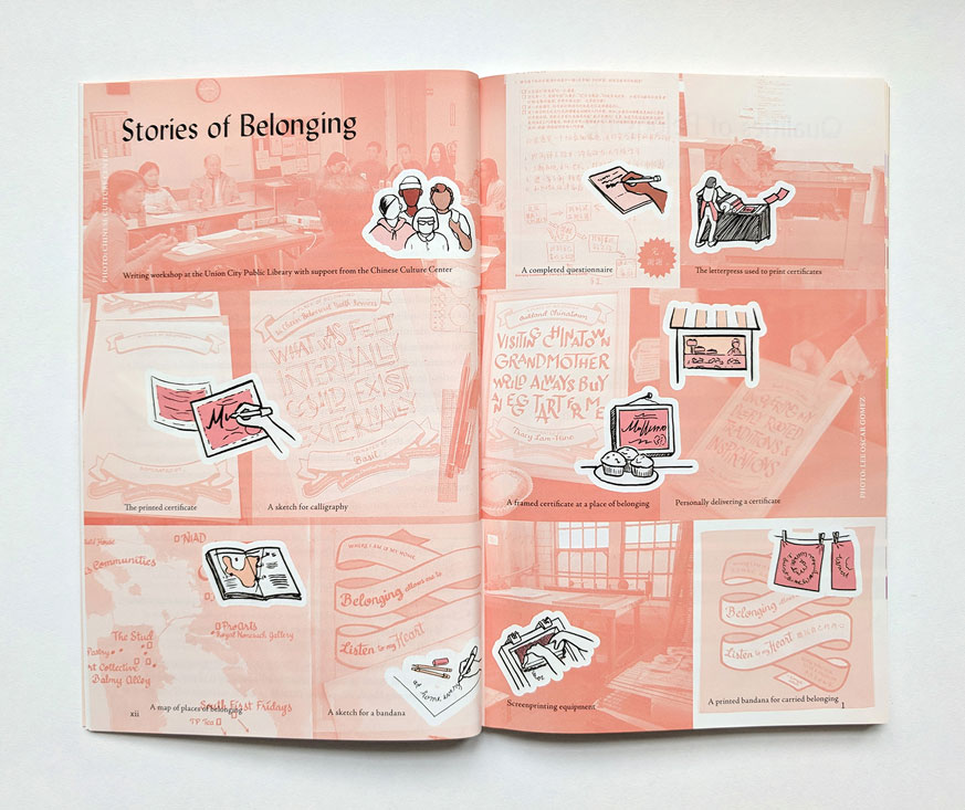 Stories of Bleonging section opener, with a collage of photos from the process, including writing workshops, screenprinting, drawing, letterpress printing, handlettering, installing the certificates, etc.