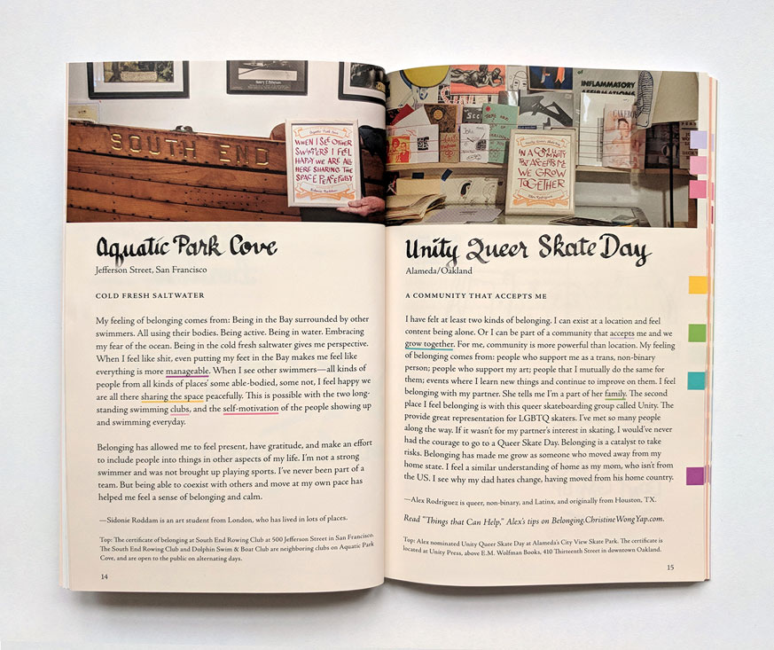 spread of book pages 14-15, of two stories of places of belonging: aquatic park cove and unity queer skate day. both are accompanied by photos of handlettered certificates in their respective locations, such as next to a boat that says rowing club, or in unity press which is a studio with the walls papered with prints and artworks