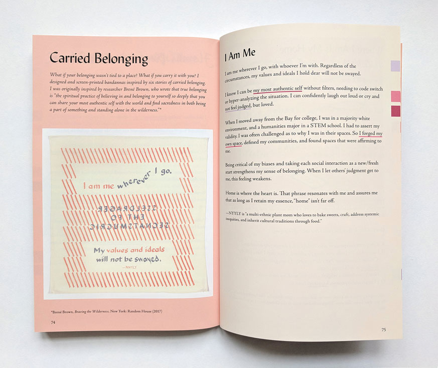 spread of book pages 74-75 for carried belonging, featuring a story of belonging by NYYLY, with a bandana featuring a quote