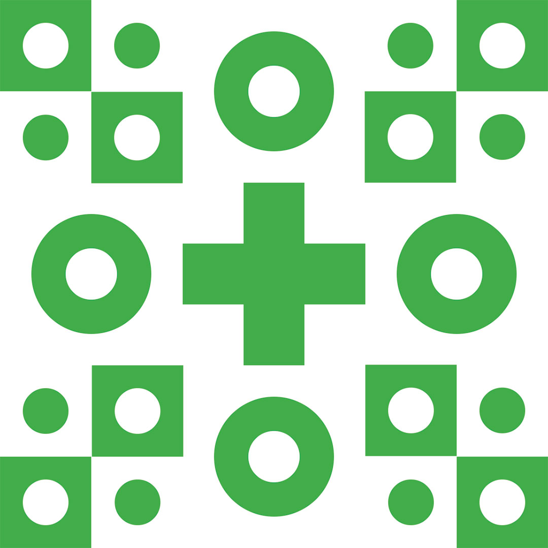 a geometric pattern in green and white with only squares and circles. There are four-square checkerboard patterns in the four corners of the overall square composition. circles appear in each of the checks in alternating white or green. Between the checkerboard patterns are large donut shapes. In the middle is a large green plus sign.
