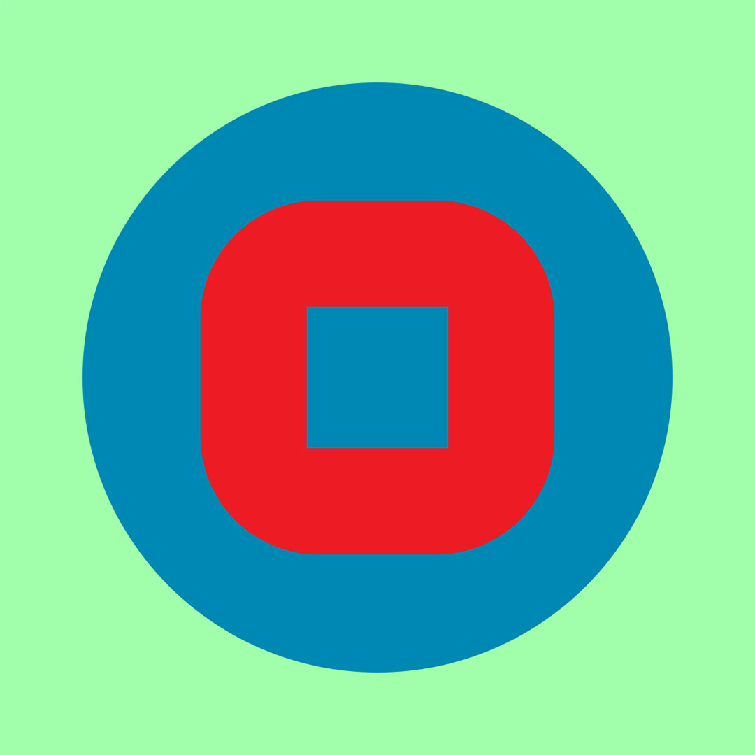 a blue square inside a red square with rounded corners inside a blue circle on a green background
