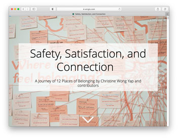 screenshot of a webpage with the text, safety, satisfaction and connection superimposed over salmon pink cards tacked to a white wall