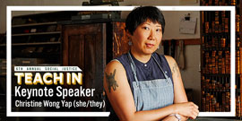 Promo image of an Asian American woman with short hair in a printshop, with text, Social Justice Teach-in, Keynote