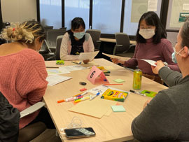 photo of college students working at a table with art supplies, passing handouts to each other. Everyone is wearing a face mask.