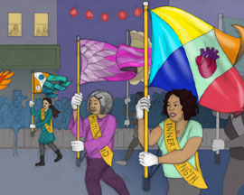artist's rendering of three woman marching in a parade carrying custom flags