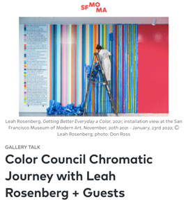 screenshot of SFMOMA's website about the Color Council Chromatic Journey with a photo of a woman in white coveralls removing tape from a wall with multicolor stripes painted on it