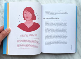 inside book spread with red illustration on the right and text on the left