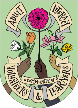 Banner design commemorating the Adult Literacy services, a community of volunteers and learners, multiple hands holding up a bouquet of flowers