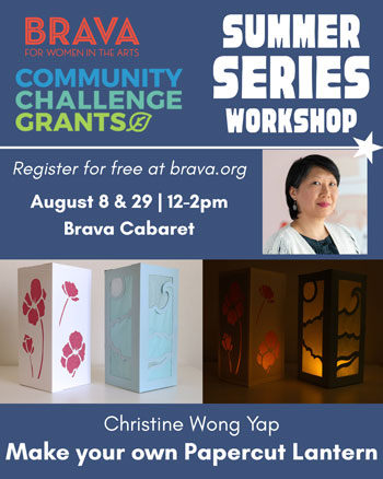 Flyer promoting workshop with a photo of an Asian American women and two photos of tall paper lanterns, one in ambient light, one with the lanterns lit from within