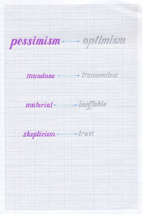 Cheap and Cheerful #1, 2009, neon and glitter pen, 11.625 x 7.75 inches / 29.5 x 45 cm; tabular chart: column 1: pessimism, mundane, material, skepticism; column 2: optimism, transcendent, ineffable, trust