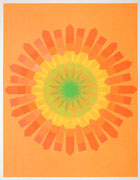 a collage made with multi-colored fluorescent arrow-shaped flag stickers. it's on orange paper with stickers making a circular mandala pattern of that transitions from green in the center to yellow, then orange at the edges.