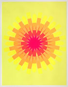 a collage made with multi-colored fluorescent arrow-shaped flag stickers. it's on yellow paper with stickers making a circular mandala pattern of that transitions from red in the center to orange, then yellow at the edges.
