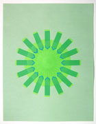 a collage made with multi-colored fluorescent arrow-shaped flag stickers. it's on green paper with green stickers forming a circular mandala shape, with tiny hints of blue near the center