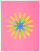 a collage made with multi-colored fluorescent arrow-shaped flag stickers. it's on pink paper with stickers forming a 12-pointed shape moving from blue in the center to green to yellow