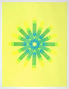 a collage made with multi-colored fluorescent arrow-shaped flag stickers. it's on yellow paper with blue, green, and yellow stickers in a 16-pointed shape