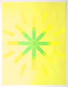 a collage made with multi-colored fluorescent arrow-shaped flag stickers. it's on yellow paper with green stickers in the middle of an 8 pointed shape. The arms of the shape are extended with yellow stickers, which match the paper in color, so the light-reflective properties are what differentiate them