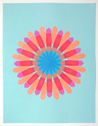 a collage made with multi-colored fluorescent arrow-shaped flag stickers. it's on blue paper with blue stickers in the middle of a sunburst pattern. the rays of the sunburst are made with pink and orange stickers; where the stickers overlap it creates red rectangles