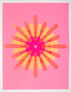 a collage made with multi-colored fluorescent arrow-shaped flag stickers. it's on pink paper with pink stickers forming the center of a starburst pattern. the rays of the starburst made of orange and yellow stickers
