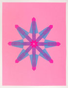 a collage made with multi-colored fluorescent arrow-shaped flag stickers. it's on pink paper with pink and blue stickers forming an 8-pointed shape. the center is pink, the tips of the points are pink, and the arms are purple (blue and pink overlapped).
