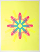 a collage made with multi-colored fluorescent arrow-shaped flag stickers. it's on yellow paper with blue stickers forming an 8-pointed shape capped with pink stickers which overlap making a hot pink diamond at the tip of each point. This is accented with yellow stickers that match the paper closely, so they're only visible in the contrast of the matte finish of the stickers compared to the slightly reflective paper.
