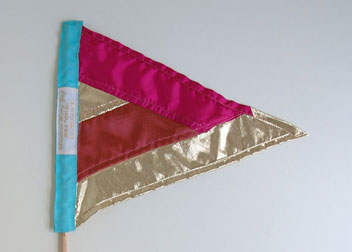 Irrational Exuberance (Asst. Colors) Mini Flags, 2012, fabric, thread, wood, woven labels, ~15 x 18 inches / 38 x 45 cm each