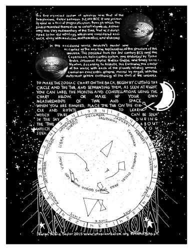 The first organized system of astrology was that of the Babylonians, date between 3-2,000 BCE. It was primarily used as a tool of prognostication, through which the gods presented themselves as celestial symbols. Astronomy was very rudimentary at the time, but as it developed, so too did astrology, which was considered a science, along with medicine, mathematics, and alchemy. In the occidental world, Aristotle's model was accepted as the one true explanation of the structure of the universe. This persisted from the 3rd century BCE until the Copernican, heliocentric system, was endorsed by Thyco Brahe, Johannes Kepler, Galileo Galilei, and finally Isaas Newton. According to Aristotle, the Earth was the center of the world, with each of the planets rotating around carried on concentric spheres, moved by angels, with the outermost sphere containing all the stars of the universe. To make zodiac chart on the back, begin by cutting the circle and the tub, and separating them as see at right. You can label the months and constellations using the chart below. Or make you your own measurements of time and space. When you are finished, pleace the tub on the circle and rotate to learn which stars can be seen in the sky during the time abot which you seek to KNOW. Lauren Marie Taylor 2015 www.utopianrealism.org  #mkthngshppn. Despite their belief that the Earth was not the only body around which others orbit, the astronomers were still baffled by the workings of the stars and were dedicated to understanding their influence in our leves. Brahe, Kepler, and Galilei all practice astrology and the casting of horoscopes, before it finally fell out of favor in Newton's age. In their lifetimes, each made imprtant contributions to the field of astronmy. Brahe proved that comets were not atmospheric phenomenon, but bodies whose paths would have broken through the 'spheres' in the sky. Galilei proved that the moon was an imperfect 'world,' that Jupiter had moons, and that the sun had spots. Kepler's 'laws of planetary motion' proved the elliptical orbits of the planets and the mantehmatical relationships of their paths. It is challenging today to imagine that such important work was being conducted alongside the predicting of auspicious days for weedings and wars. If we held the work of astronomers to today's standards, would we dismiss their findings, considering the lack of scientific evidence backing their other views? How do we continue to justify the practice of astrology? BELIEVE. 