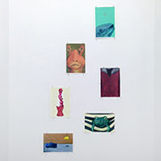 Lauren Frances Adams, 2015, smaller paintings inspired by lost objects described in stories, painted in-gallery; acrylic on canvas paper, dimensions variable.