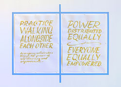 all the steps in the process, drawings: practice walking alongside each other. accompany collaborators through the process of self-discovery and empowerment. —armando minjarez. power distributed equally, and everyone equally empowered. —elizabeth travelslight