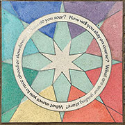 guiding stars overhead view: a rainbow terrazo with the text, When do you sour, How will you stay on course? what are your guiding stars? What moves to you race ahead or slow down?