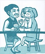 a print in aquas of a woman and a beagle kindly talking and listening to each other at a table with coffee drinks