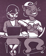 a print in reddish brown with of an unhappy woman working on a laptop while a cat drinks a beer and with a skateboard underfoot