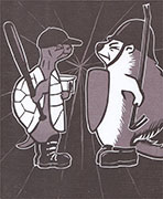 a print in browns of an angry turtle and porcupine facing off. the turtle is weilding a bat behind its back and a security camera in the other arm. The porcupine is wearing a helmet and holding a crowbar. 