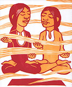 a print in orange and red of two women doing yoga and levitating. 