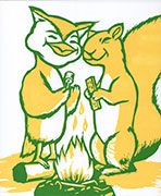 a print in yellow and green of an owl and squirrel warmly smiling while collaboratively making smores over a campfire