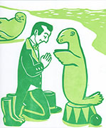 a print in bright greens of a circus performer and a seal bowing in respect to each other with prayer hands. in the background a seal looks up on a beach