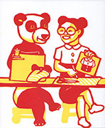 a print in yellow and red of a panda and a woman happily collaborating on a sewing project. The panda is sewing while the smiling woman holds up a drawing of a color block shirt similar to the one she is wearing. She has buns in her hair that look like the panda's ears.
