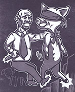 a print in purple-greys of a man wearing a shirt and tie, sitting on a dog, with a knife in one hand, while leading a smiling, blindfolded pig off of a cliff