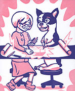 a print in pink and blue of a woman with white hair and glasses happily collaborating on a drawing of a house like a blueprint with a french bulldog.