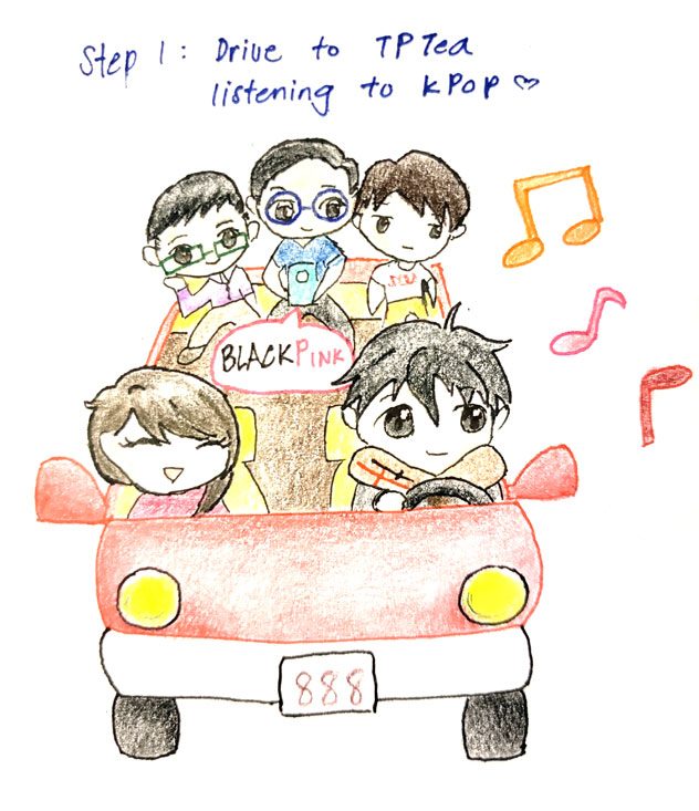 the first in a series of anime-style drawings, apparently colored pencil on paper. step one: Drive to TP Tea while listening to K-pop with a drawing of 5 asians in a car. One in the back seat is playing something from their phone, with a label that says Black Pink