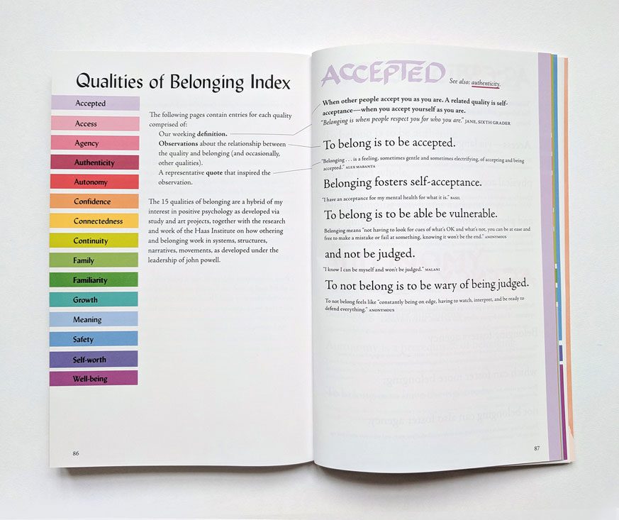 spread of book pages 86-87 from the qualities of belonging index, showing the 15 color-coded qualities as well as the entry for accepted