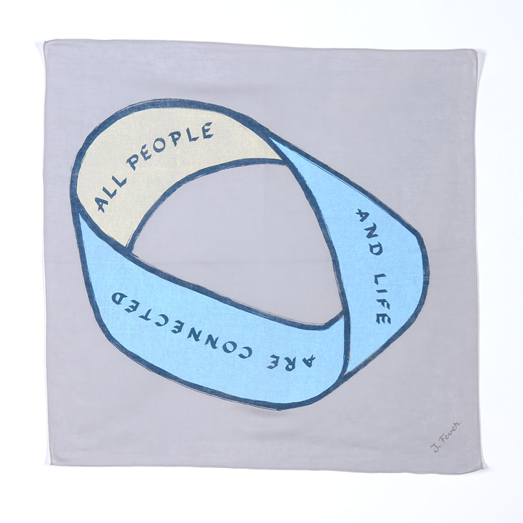 Grey bandanna with cream, light blue, and navy printing. The image is of a mobius strip with text on it that reads: all life, including plants, are connected.