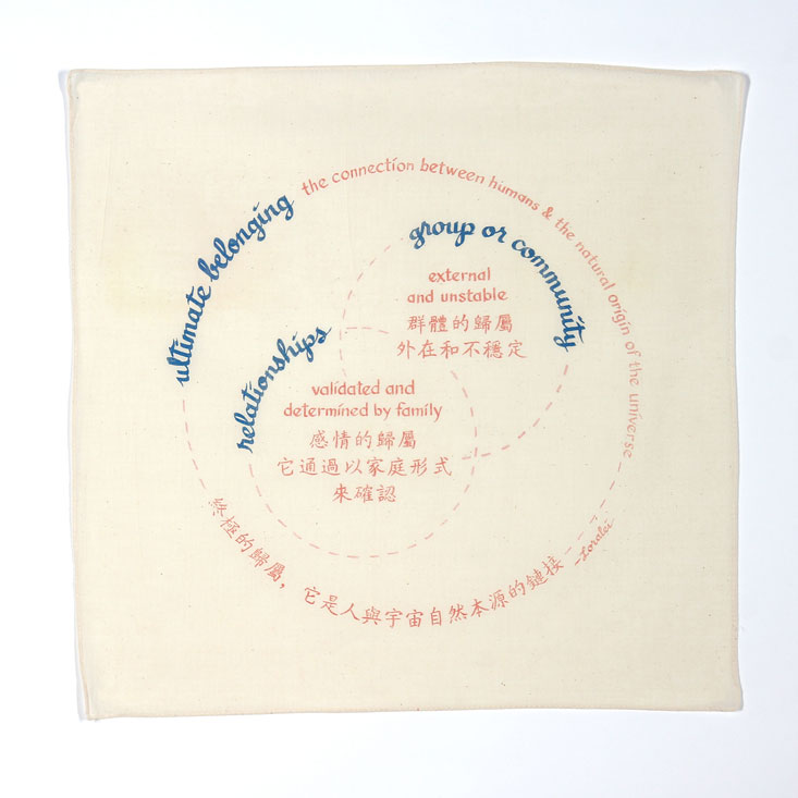 Cream colored bandanna with blue and salmon text in Chinese and English, which reads: ultimate belonging, the connection between humans & the natural origin of the universe.   終極的歸屬，它是人與宇宙自然本源的鏈接  group or community,  external and unstable 是群體的歸屬. relationships. validated and determined by family 感情的歸屬 它通過以 家庭形式 來確認 . Loralei.